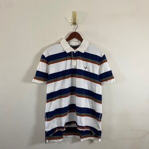 American Eagle Polo Shirt Short Sleeve Striped Mens XL Rugby Shirt Cotton Preppy